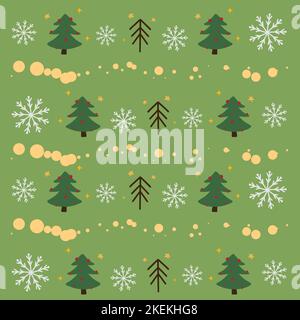 Boho pattern, postcard decorations, Christmas tree with lights, snowflakes, festive mood, illustration on a green background Stock Vector