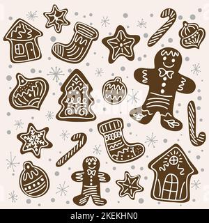 Gingerbread cookies of various shapes in snowflakes, postcard design, festive mood, handmade, illustration on a cream background Stock Vector