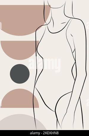 Abstract drawing with a female face, silhouette, elements of simple geometric shapes, in a linear drawing. Abstract. A woman's body. Stock Vector