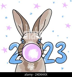Bunny blowing a balloon, cute illustration with the number 2023, in delicate colors, holiday, stars, hand drawn Stock Vector