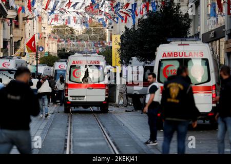 View of ambulances at the scene after an explosion on busy pedestrian Istiklal street in Istanbul, Turkey, November 13, 2022. REUTERS/Kemal Aslan     TPX IMAGES OF THE DAY