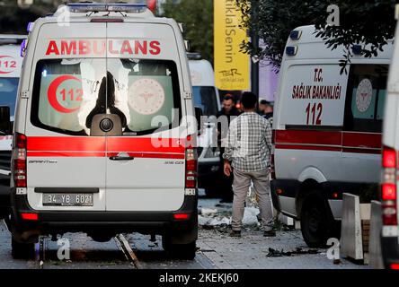 View of ambulances and police at the scene after an explosion on busy pedestrian Istiklal street in Istanbul, Turkey, November 13, 2022. REUTERS/Kemal Aslan