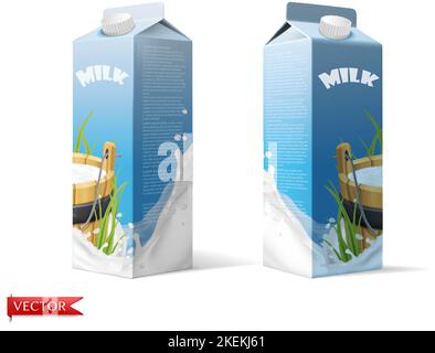 3d realistic vector icon set. Milk pack muckup in two side views. Drink dairy products. Stock Vector