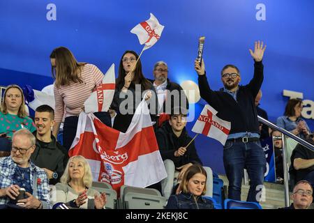 Sheffield, UK. 13th Nov, 2022. England fans sing and dance during the Wheelchair Rugby League World Cup 2021 Semi Final match England vs Wales at English Institute of Sport Sheffield, Sheffield, United Kingdom, 13th November 2022 (Photo by Mark Cosgrove/News Images) Credit: News Images LTD/Alamy Live News Stock Photo