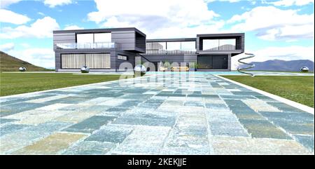 A stone slab road leading to an amazing custom built country house in a clean eco-friendly location. 3d rendering. Stock Photo