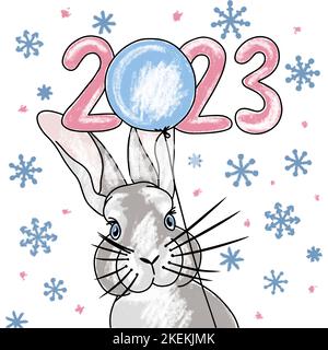 Cute bunny with a balloon in snowflakes, illustration with the number 2023, in delicate colors, holiday, pop art, hand drawn Stock Vector