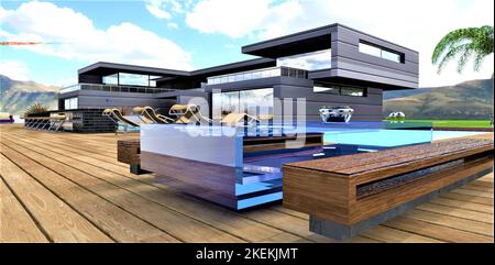 Glass table with wooden benches on the decking in the backyard of the stylish suburban dwelling. 3d rendering. Stock Photo