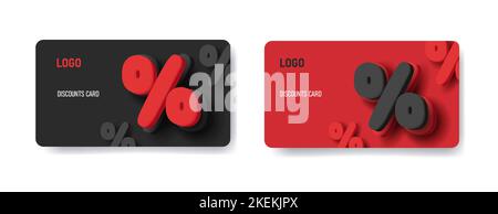 Loyalty discount card template with volume 3d percent signs in red and black colors, isolated Stock Vector