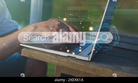 Businessman using laptop searching internet dаta. Data search engine optimization concept. Stock Photo