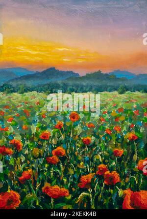 Oil painting of a poppy field. Sunset over the red field. Modern art Stock Photo