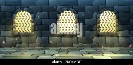 Vector cartoon style illustration banner for web video games. Old arc windows and glowy mystery light coming in castle. Brick wall. Stock Vector