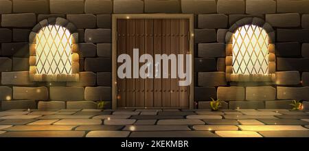 Vector cartoon style illustration banner for web video games. Old wooden door with arc windows and glowy mystery light coming in. Brick wall. Stock Vector