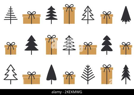 set of christmas tree and gift symbols on white Stock Vector