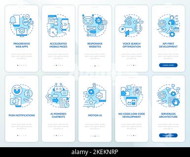 Web development trends blue onboarding mobile app screen set Stock Vector
