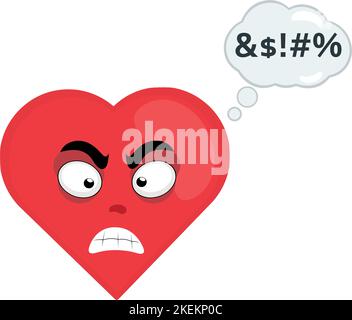 Vector illustration of cartoon character of a heart with an expression of anger and a cloud of thought with an insult text Stock Vector