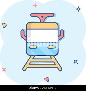 Metro icon in comic style. Train subway cartoon vector illustration on white isolated background. Railroad cargo splash effect business concept. Stock Vector