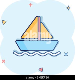 Tourism ship icon in comic style. Fishing boat cartoon vector illustration on white isolated background. Tanker destination splash effect business con Stock Vector