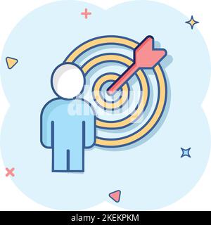 People target icon in comic style. Search human cartoon vector illustration on white isolated background. Job recruitment splash effect business conce Stock Vector
