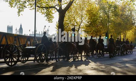 The Kings Troop royal horse artillery returns to barracks. Seen along the Embankment, London, UK Stock Photo