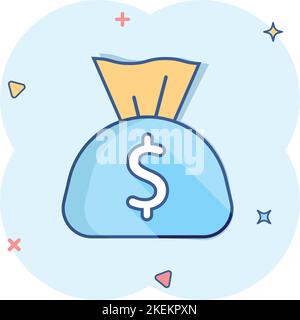 Money bag icon in comic style. Moneybag with dollar cartoon vector illustration on white isolated background. Cash sack splash effect business concept Stock Vector
