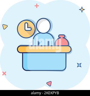 Check in reception icon in comic style. Booking service cartoon vector illustration on white isolated background. Hotel reservation splash effect busi Stock Vector