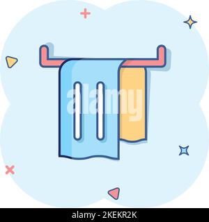Bathroom towel icon in comic style. Washcloth cartoon vector illustration on white isolated background. Hygiene wiping splash effect business concept. Stock Vector