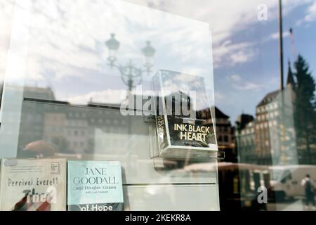 Strasbourg, france - Oct 28, 2022: Reflection of city center with The Ink black heart book by Robert Galbraith in book store showcase Stock Photo