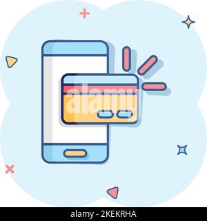 Smartphone paying icon in comic style. Nfc credit card cartoon vector illustration on white isolated background. Banking splash effect business concep Stock Vector