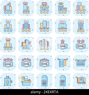 Hotel icon set in comic style. Booking cartoon vector illustration on white isolated background. Vacation reservation splash effect business concept. Stock Vector