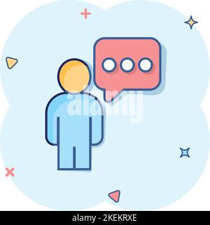 People with speech bubble icon in comic style. Chat cartoon vector illustration on white isolated background. Speaker dialog splash effect business co Stock Vector