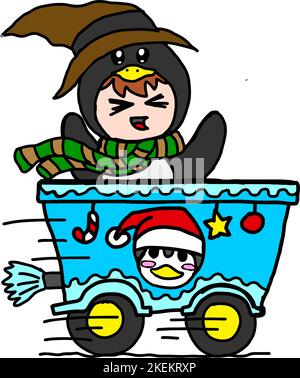 Child in Penguin Costume Riding on Train Stock Vector