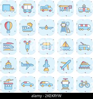 Transport icon set in comic style. Car vector cartoon collection illustration on white isolated background. Shipping transportation splash effect busi Stock Vector