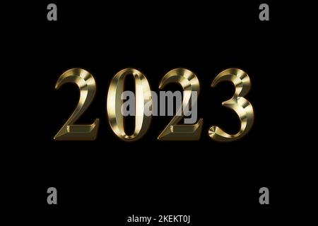 2023. Banner, poster, golden color numbers on black background. The word written on greeting card. Graphic gold font, shiny text Stock Photo