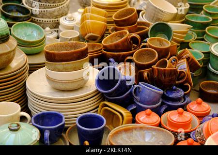 Hand made colorful ceramic pottery. Hand painted pottery. Traditional pottery fair in Pune, India. Stock Photo