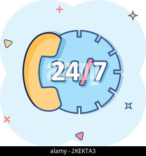 Phone service 24/7 icon in comic style. Telephone talk cartoon vector illustration on white isolated background. Hotline contact splash effect busines Stock Vector