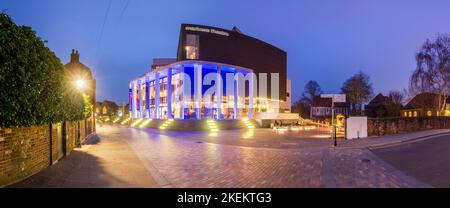 The Marlowe Theatre, a modern theatre illuminated on a performance evening. Canterbury, Kent Stock Photo