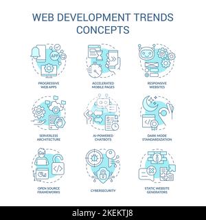 Trends in web development turquoise concept icons set Stock Vector