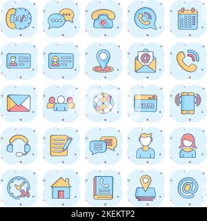 Contact icon set in comic style. Phone communication cartoon vector illustration on white isolated background. Website equipment splash effect busines Stock Vector