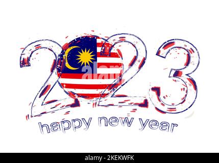 2023 Year in grunge style with flag of Malaysia. Holiday grunge vector illustration. Stock Vector