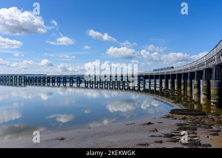 The Tay railway bridge from the river Tay riverside walk.  Dundee, Scotland, UK Stock Photo