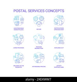 Post service advantages blue gradient concept icons set Stock Vector