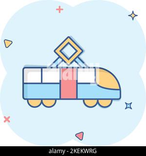 Metro icon in comic style. Train subway cartoon vector illustration on white isolated background. Railroad cargo splash effect business concept. Stock Vector