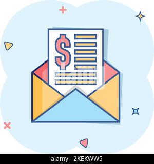 Envelope with money icon in comic style. E-mail cash cartoon vector illustration on white isolated background. Finance message splash effect business Stock Vector