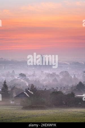 Canterbury Cathedral in the valley on a misty morning, Ken Stock Photo