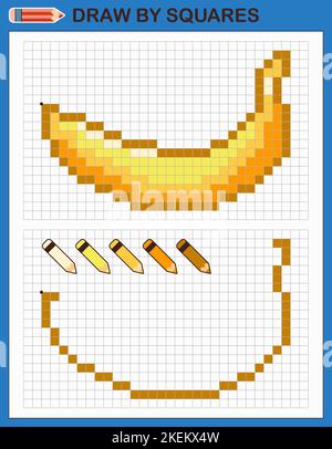 Draw banana by squares. Copy the picture. Game for kids. Stock Vector