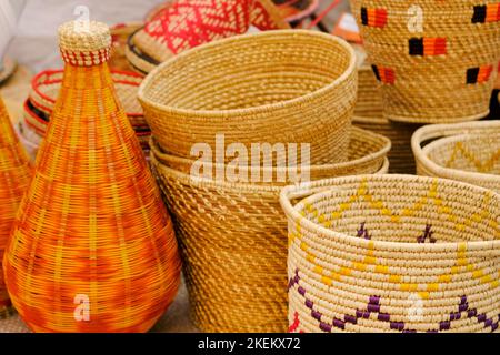 Jute Rope Bag, Basket, Natural Jute Coaster, Cozy crocheted basket of jute. Eco-friendly interior accessories woven from organic materials. Stock Photo