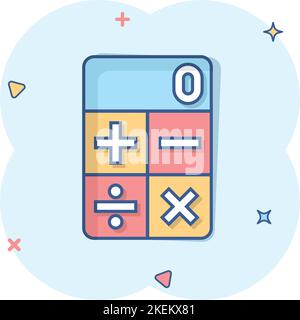 Calculator icon in comic style. Calculate cartoon vector illustration on white isolated background. Calculation splash effect business concept. Stock Vector