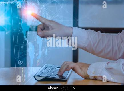 Businessman press on digital screen interface big data analytics and business intelligence (BI) concept for system engineering, binary code programmin Stock Photo