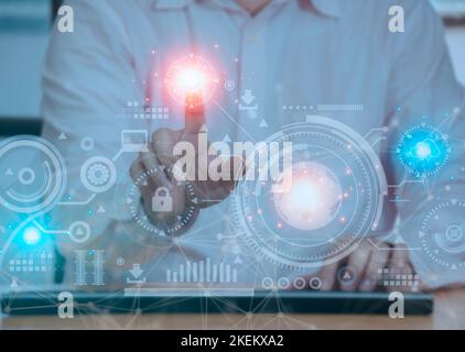 Businessman press on digital screen interface big data analytics and business intelligence (BI) concept for system engineering, binary code programmin Stock Photo