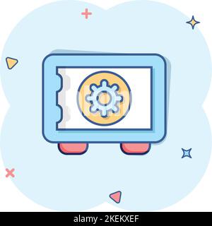 Safe money icon in comic style. Strongbox cartoon vector illustration on white isolated background. Finance security splash effect business concept. Stock Vector